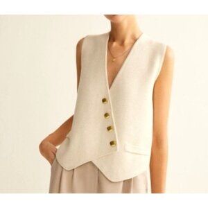 Commense Women's Sz L Asymmetrical Beige Sleeveless Textured Button-Front Vest